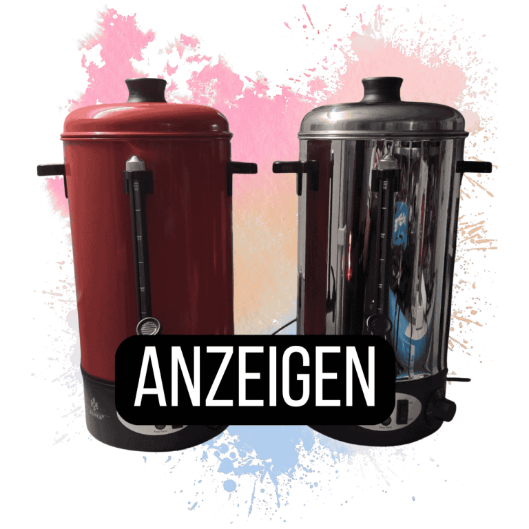 Zwei Getränkekocher mit Zapfhahn, einer rot und einer silber, vor einem bunten Hintergrund.