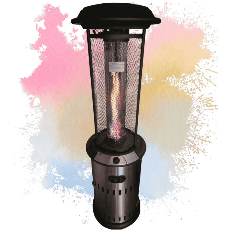 Ein freistehender Heizstrahler mit warmem Licht und stilvollem, modernem Design.