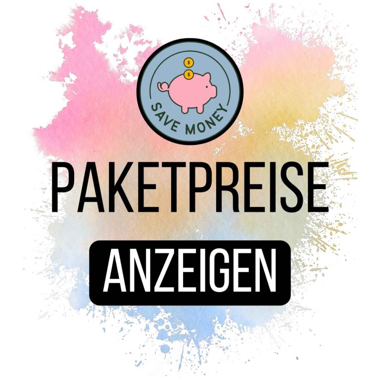 Logo mit Sparschwein und dem Text "Paketpreise anzeigen" auf buntem Hintergrund.