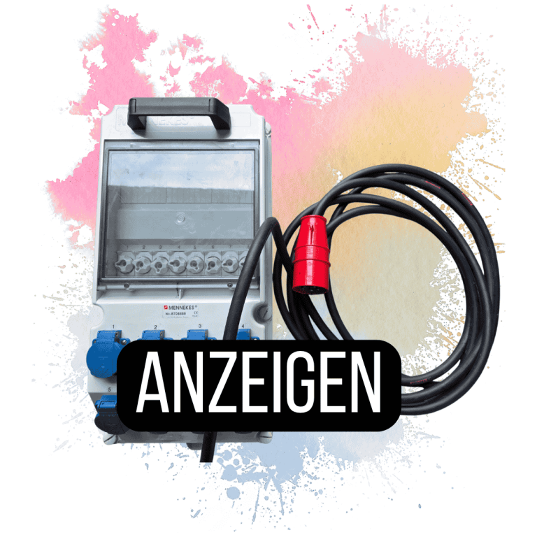 Schaltkasten mit Kabel und Stecker, darunter der Text "ANZEIGEN".