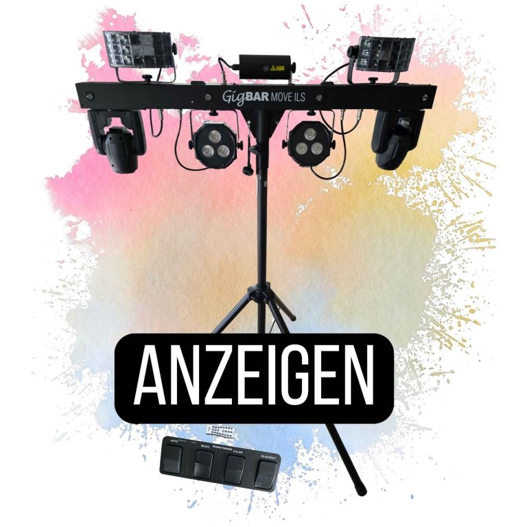 Lichtstativ mit Scheinwerfern und Steuergerät, Hintergrund in bunten Farbtönen.