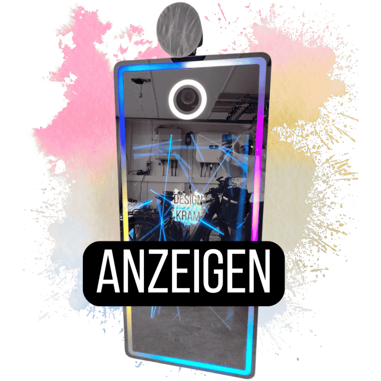 Fotobox mit Farbverlauf und "ANZEIGEN"-Text vor abstraktem Hintergrund.